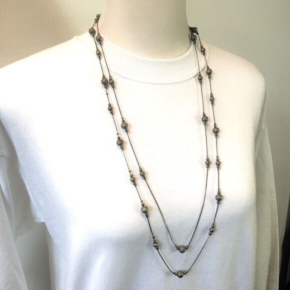 Beaded Necklace 34 inch Double Layer Triangle Chain Dark Gray Silver Tone - Picture 1 of 11